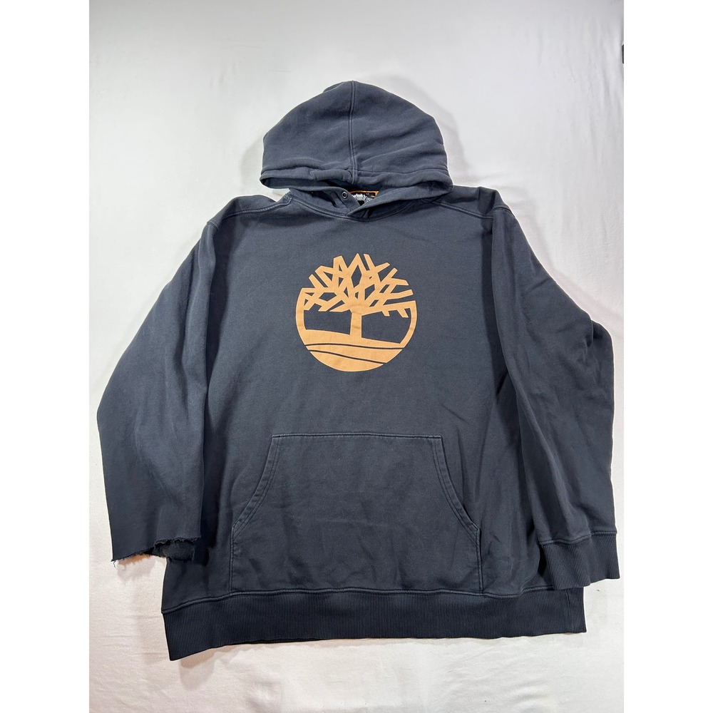 Timberland Mens 3XL Tree Logo Hoodie Black Distressed Cut Sleeve Regular Fit